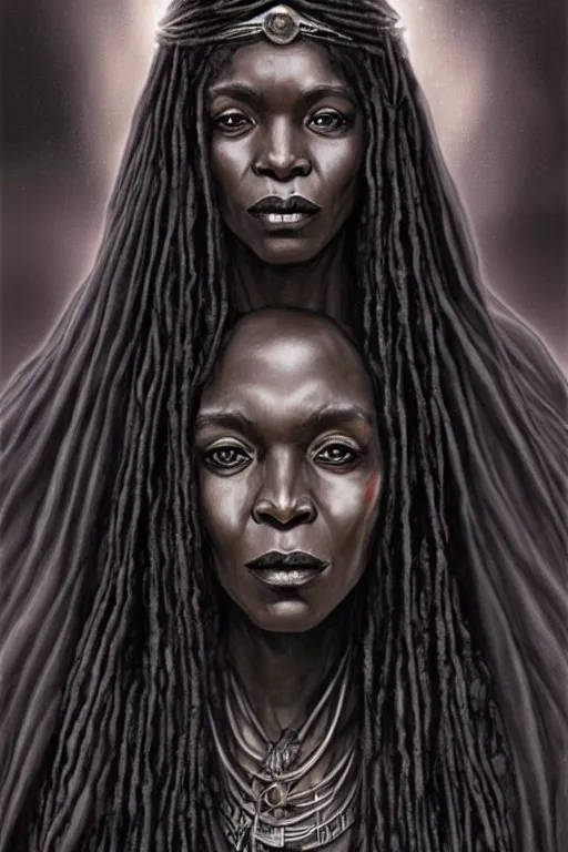 Image similar to ancient black woman crone with long scraggly hair wearing rags, character portrait wearing black silk looking over one shoulder, concept art, intricate details, highly detailed photorealistic portrait in the style of adam hughes, seseon yoon, artgerm and warren louw