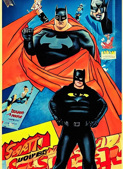 Image similar to an 8 0's john alvin superhero movie poster starring steven seagal as the character fat batman movie is called fat bat man