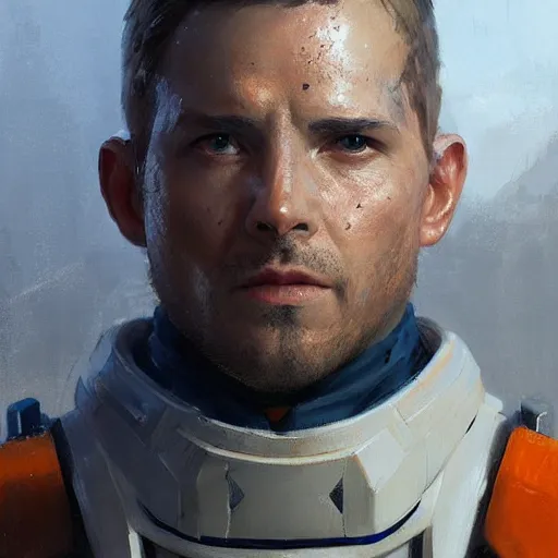 Image similar to portrait of a man by greg rutkowski, a soldier of the new galactic republic, wearing a white, blue and orange tactical gear, star wars expanded universe, highly detailed portrait, digital painting, artstation, concept art, smooth, sharp foccus ilustration, artstation hq