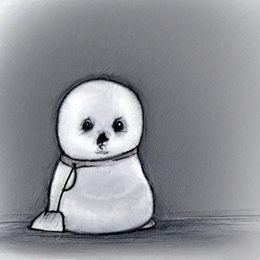 Prompt: a baby harp seal on trial for murder, courtroom sketch