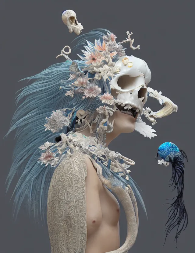 Image similar to 3 d goddess bottom - up with ram skull. beautiful intricately detailed japanese crow kitsune mask and clasical japanese kimono. betta fish, jellyfish phoenix, bio luminescent, plasma, ice, water, wind, creature, artwork by tooth wu and wlop and beeple and greg rutkowski