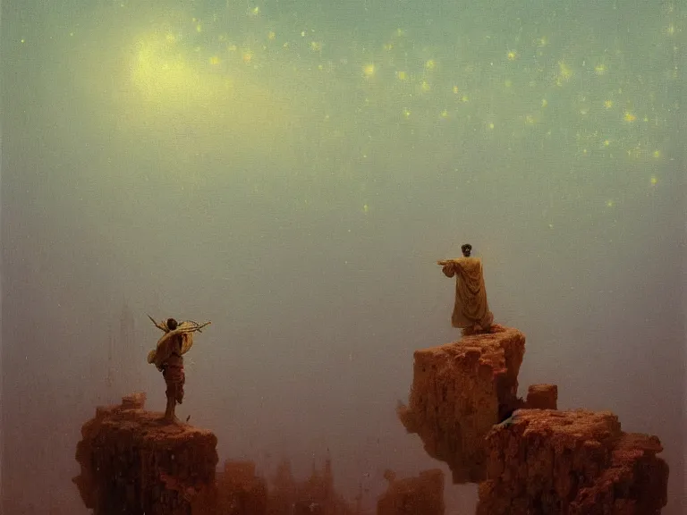 Image similar to a detailed profile oil painting of a men floating over a toiled in ther air, aurora lighting clouds and stars by beksinski carl spitzweg and tuomas korpi. baroque elements. baroque element. intricate artwork by moebius. Trending on artstation. 8k