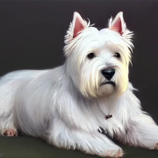 Image similar to west highland terrier, oil painting, fine art, artstation, masterpiece, cinematic lighting, very realistic, highly detailed