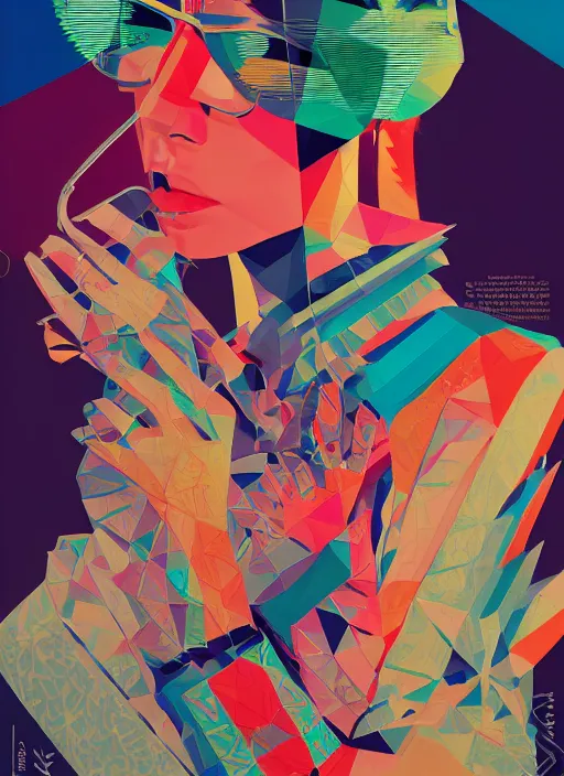 Prompt: portrait of a lowpoly punk girl with a musicassette sunglasses wearing kimono made of transistors, poster art by kurt schwitters james jean liam brazier victo ngai tristan eaton