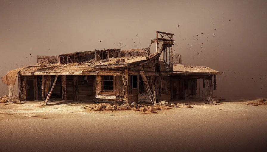 Image similar to old abandoned 1 8 0 0's saloon covered by dust and sand, cobwebs and rotten wood, desert, hyperdetailed, artstation, cgsociety, 8 k