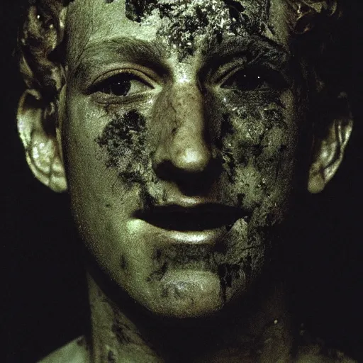 Prompt: Award-winning photograph by Cindy Sherman. The photo depicts a decaying roman bust of Mark Zuckerberg overgrown with moss at the bottom of the sea in the middle of ruins of civilization. Minimalism, high definition, perfect composition. Deep sea picture. Very dark. Volumetric Lighting. Fish. Darkness. Ruins