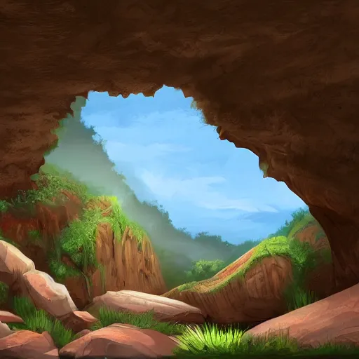 Prompt: a pre historic landscape seen through a cave entrance, digital art, trending on artstation