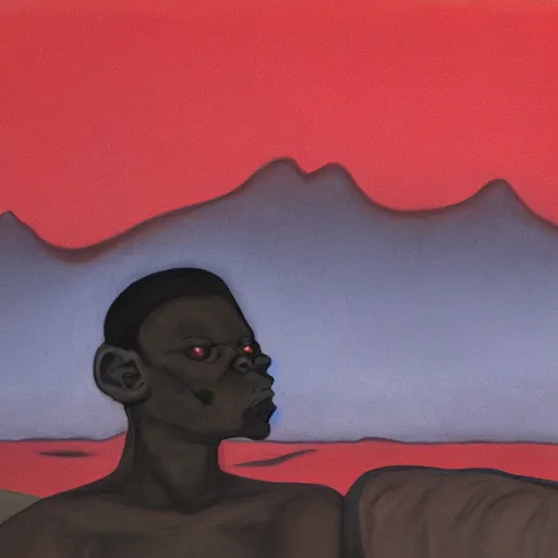 Prompt: a paint and pastel - on - board piece that shows a central androgynous figure against a blood - red sky. the person's mouth is open wide in a silent scream, while their eyes are black voids. they are surrounded by two other people, one of whom is also screaming. the background is a jagged landscape with mountains and water.