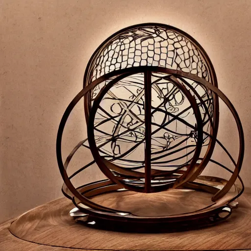 Image similar to a well - lit photo of an intricate steel filigree art nouveau orrery on a wooden table, beautiful, detailed, flowing curves, with colored marble planets and a golden sun