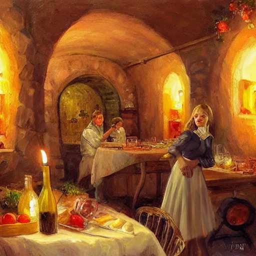 Image similar to wine cellar full of food, torches on the wall, schnapps, painting, Fritz Wagner, Vladimir Volegov, Olga Zakharova