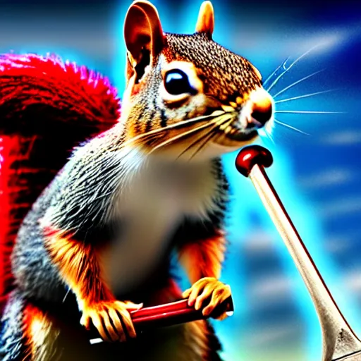 Image similar to the squirrel thor ~ holding his hammer ~ dramatic thunder background ~ fighting scene ~