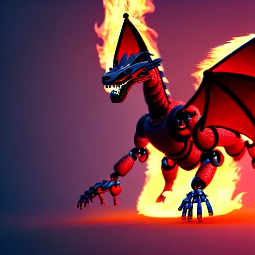 Image similar to an illustration of the full body of a robotic anthromorphic dragon emitting flames from its hands, floating off the ground, photorealistic 3D render, coherent like Dall-E 2