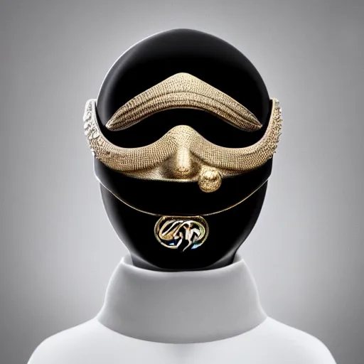 Image similar to portrait of masked dune dynasty with chanel clothes, white background, chanel logo, 8 k, symmetrical, 3 d render, octane render, insane details