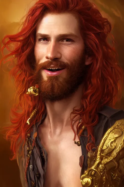 Image similar to portrait of a young ruggedly handsome but joyful pirate, male, masculine, full body, red hair, waist long hair, d & d, gold earring, fantasy, intricate, elegant, highly detailed, digital painting, artstation, concept art, matte, sharp focus, illustration, art by artgerm and greg rutkowski and alphonse mucha