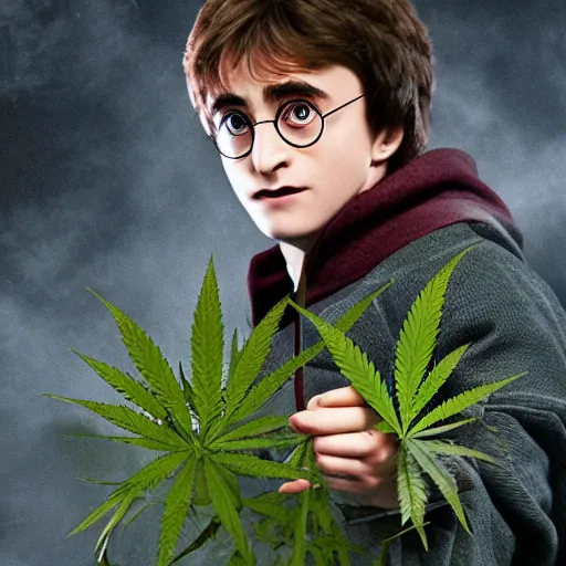 Image similar to harry potter holding a long joint, surrounded by weed plants, jungle of weed plants, red fire eyes, realistic