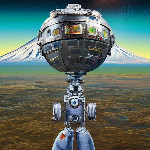 Image similar to On the morning of the robot queen's coronation, The Mekanik Doll, chubby moss kitten, Mount Fuji seen from the International Space Station, by Dylan Kowalski and deiv calviz, highly detailed, digital painting, HDRI, by vivid colors, high contrast, 8k resolution, intricate, beautiful and thematically complex, smooth