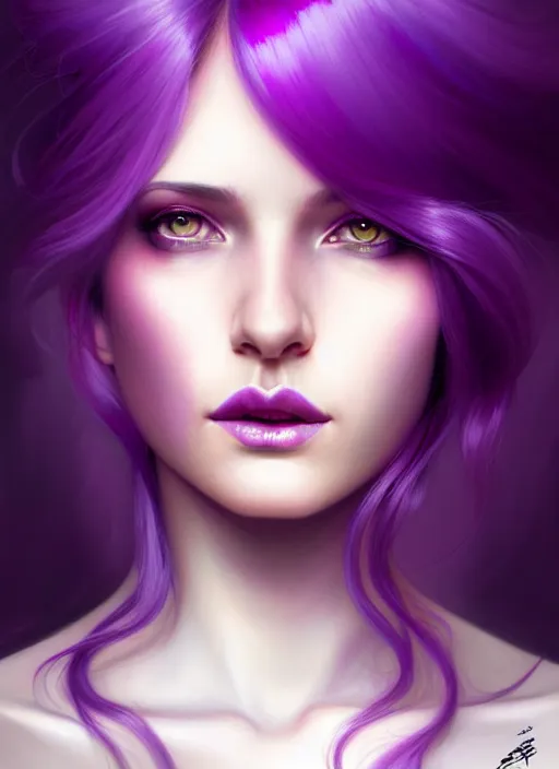 Image similar to Purple hair relistic Portrait of woman with bright colored hair, all shades of purple. Beauty face, Hair coloring, fantasy, intricate, elegant, highly detailed, digital painting, artstation, concept art, smooth, sharp focus, illustration, art by artgerm and greg rutkowski and alphonse mucha