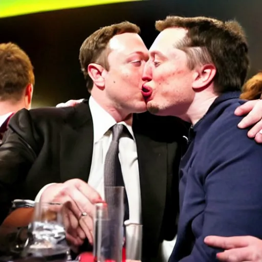 Prompt: an award winning photograph of Mark Zuckerburg passionately kissing Elon Musk