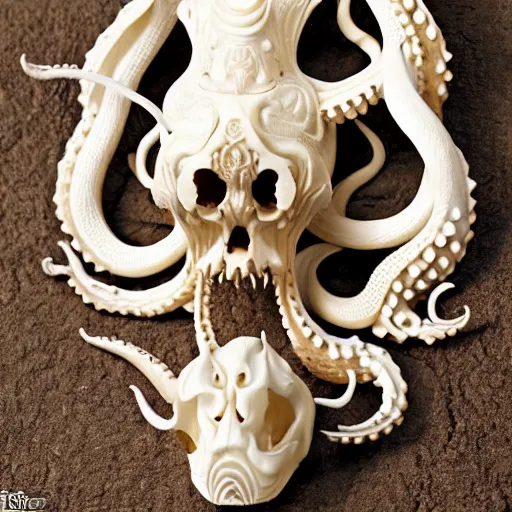 Image similar to an intricately detailed carving in an wolf - octopus skull, rococo ornate bone and ivory sculpted skull with teeth and tentacles, horror, artifact, micro detailed, inscribed with occult symbols, otherworldly