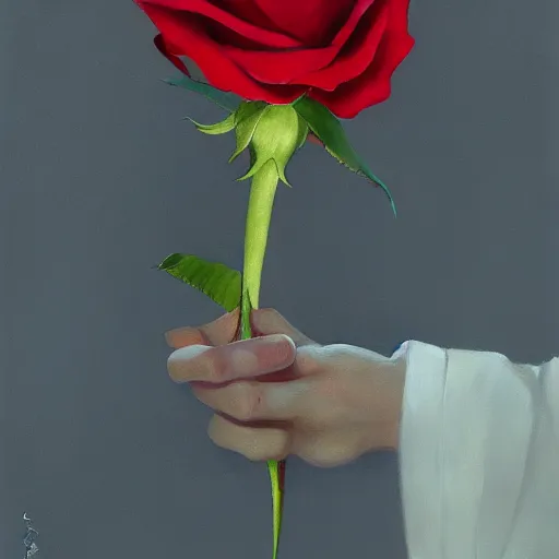 Image similar to hyperrealistic hand holding a red rose by ruan jia and greg rutkowski