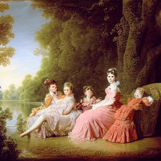 Image similar to dreadful by jean - honore fragonard pride prejudice. the conceptual art of a group of well - dressed women & children enjoying a leisurely boat ride on a calm day. the women are chatting & laughing while the children play with a toy boat in the foreground.