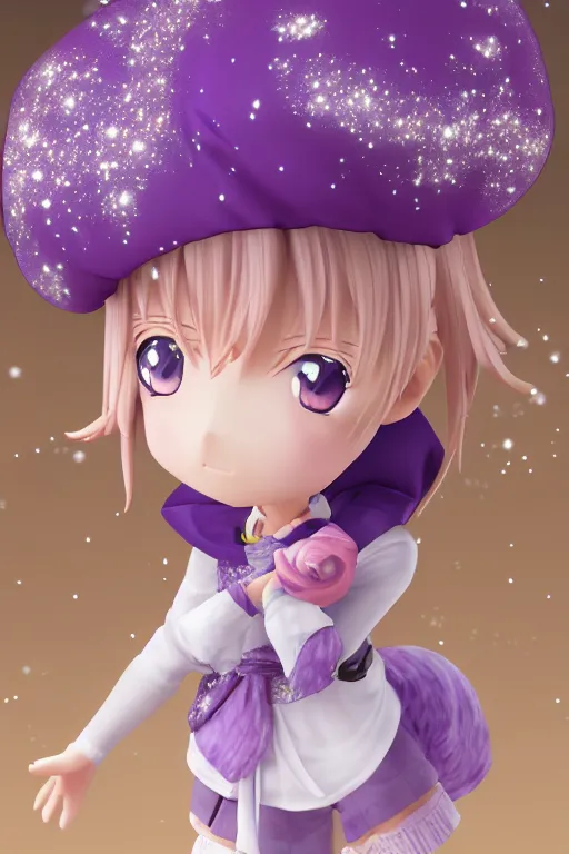 Prompt: An anime figure of a cute magical girl with short blonde hair wearing purple short puffy pants, an oversized beret, white tights covered in stars, and a long billowing scarf. Short hair. intricate details, realistic, Hyperdetailed, 8k resolution, intricate art nouveau, Octane Render.