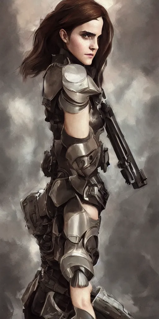 Image similar to fully body fashion model fantasy emma watson wearing military armor long dark hair beautiful bone structure symmetrical facial features intricate elegant digital painting concept art smooth sharp focus illustration from Metal Gear by Ruan Jia and Mandy Jurgens by Artgerm by William-Adolphe Bouguerea