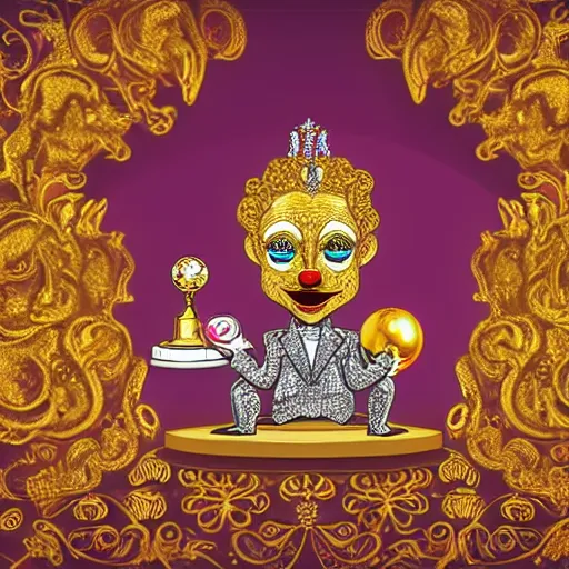 Prompt: cartoon of a shining majestic throne made of millions of diamonds, gold and zaphires with thousands of light reflections, and a clown on a tuxedo suit is sitting on the throne while handing a golden globe, dramatic light