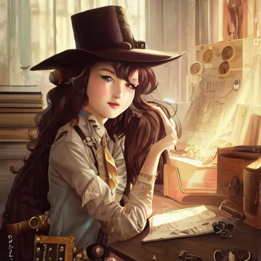 Image similar to a beautiful steampunk detective girl sitting in her office | | cute - fine - face, pretty face, fine details by stanley artgerm lau, wlop, rossdraws, james jean, andrei riabovitchev, marc simonetti, and sakimichan, trending on artstation