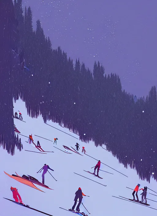 Image similar to by moebius and atey ghailan | the bottom of a ski slope with a huge pile of tangled up skiers |