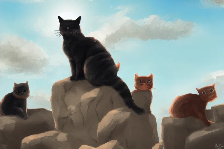 Prompt: cat standing on a rock in front of a crowd of cats, dramatic, backlighting, digital art, trending on furaffinity, by kawacy, fanart