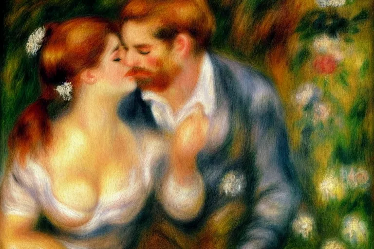 Prompt: a perfect painting, detiled painting in the style of Pierre-Auguste Renoir, of a dream that I dreamt that we left all the pain and sorrows behind. We looked into our eyes as we placed our hands on each other’s chest, and all the love and happiness that had been dampened by our wounds emerged like a sprout. It felt like home. Our bodies were covered by soothing colors. Blue, violet, pink and white rays of light caressed our hearts, and suddenly, we were one. It was always meant to be that way, even though our heads tried to fool us in the past. We were one. ethereal lights, details, smooth, sharp focus, illustration, realistic, cinematic, artstation, award winning, rgb , unreal engine, octane render, cinematic light, macro, depth of field, blur, red light and clouds from the back, highly detailed epic cinematic concept art CG render made in Maya, Blender and Photoshop, octane render, excellent composition, dynamic dramatic cinematic lighting, aesthetic, very inspirational, arthouse.