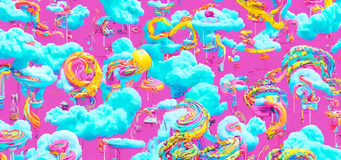 Image similar to air spun cotton candy milkshake island by Tara McPherson, vivid colors, high contrast, 8k resolution, intricate, photorealistic, smooth