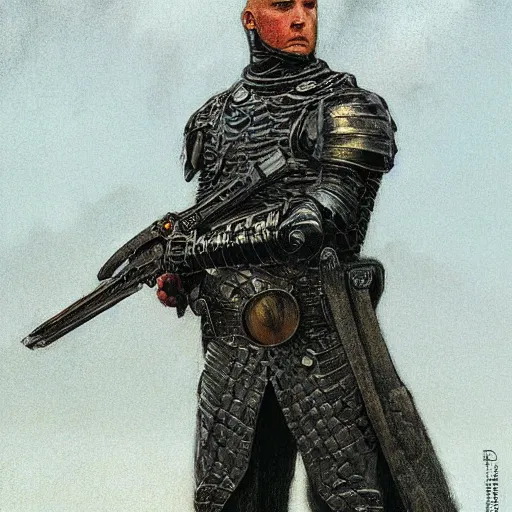 Prompt: Knight inspecting a modern weapon, by Gerald Brom