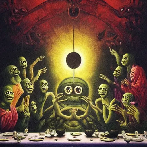 Image similar to pepe the frog eating in the last supper with disciples, floating dark energy surrounds them. there is one cow in the corner of the room, surrounded by a background of dark cyber mystic alchemical transmutation heavenless realm. highly detailed, vivid color, beksinski painting, part by adrian ghenie and gerhard richter. art by takato yamamoto. masterpiece