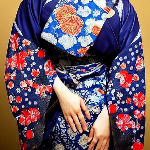 Prompt: photo of Japanese woman wearing kimono with batik pattern, she is cute and shy