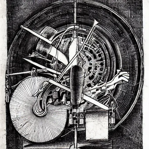 Prompt: music machine designed by di fate drawn by da vinci, detailed pen and ink illustration