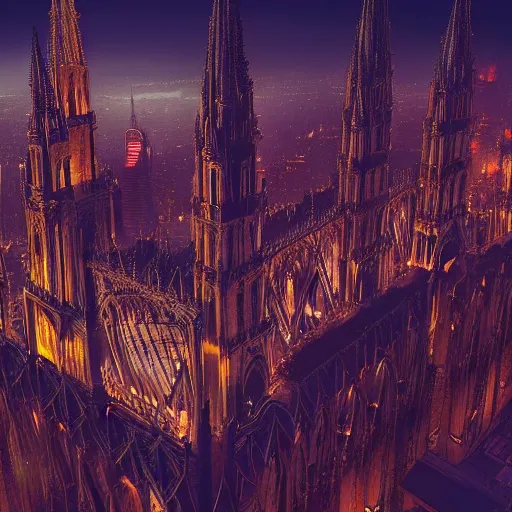 Image similar to fictional city, gothic architecture, cyberpunk, nighttime moonlight, decadent, aerial view, matte painting