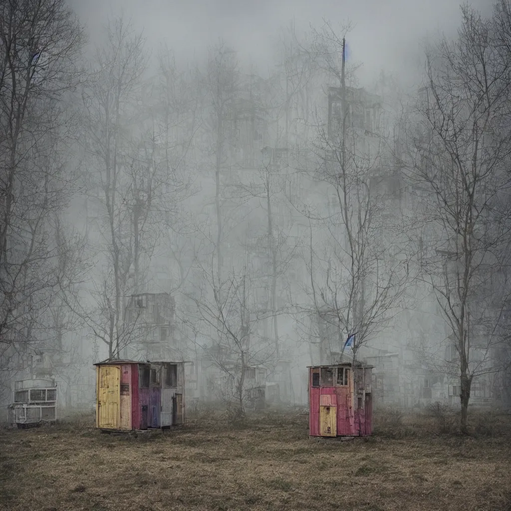 Image similar to two towers, made up of makeshift squatter shacks with pastel colours, misty, dystopia, mamiya rb 6 7, fully frontal view, very detailed, photographed by jeanette hagglund