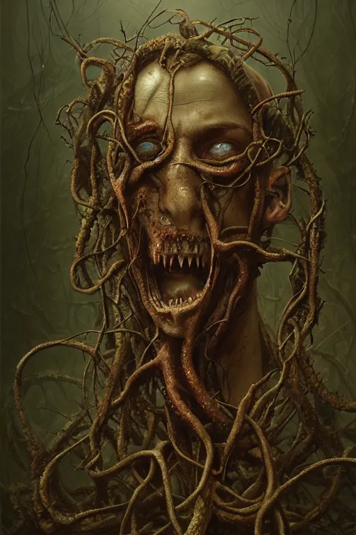 Prompt: realistic portrait beautiful detailed matte painting of cinematic movie scene a rotting zombie, tentacles, thorns, vines, horror, created by gustave dore and greg rutkowski, high detailed, smooth draw, synthwave neon retro, intricate, realistic proportions, dramatic lighting, trending on artstation.