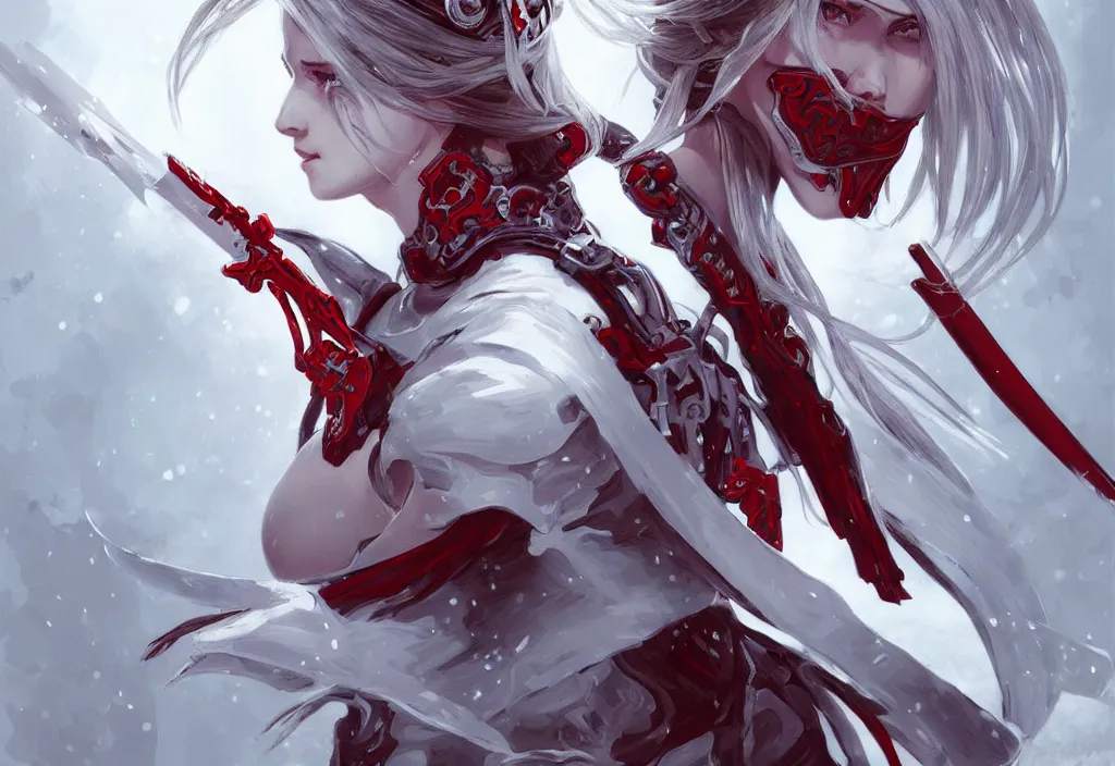 Image similar to portrait attractive ninja gaiden girl, armored white and red ninja wardrobe, at snowy fuji mountain, ssci - fi and fantasy, intricate and very very beautiful, detailed, digital painting, artstation, concept art, smooth and sharp focus, illustration, art by tian zi and wlop and alphonse mucha