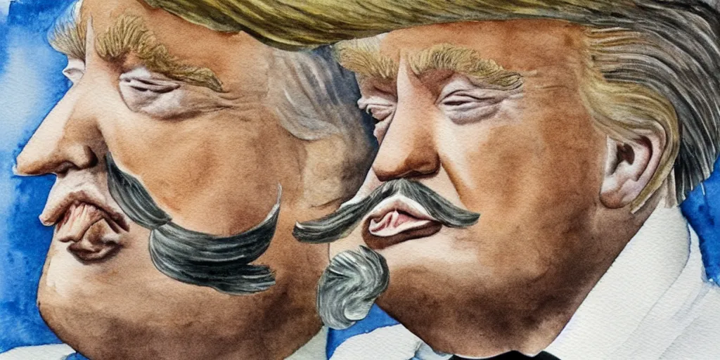 Image similar to donald trump with beard and mustache, watercolor painting by salvador dali