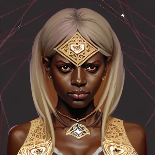 Image similar to Character Portrait of Ramlethal Valentine surrounded by geometric nodes, face, fantasy, intricate, elegant, highly detailed, digital painting, artstation, concept art, smooth, sharp focus, illustration, art by Greg Manchess and Fernanda Suarez and Artem Demura and alphonse mucha