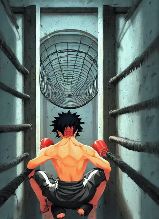 Image similar to highly detailed prison cell with naruto uzumaki with black hair, training behind metal bars, powerfully punching a wall, art by greg rutkowski, loish, rhads, ferdinand knab, makoto shinkai and lois van baarle, ilya kuvshinov, rossdraws, tom bagshaw, global illumination, radiant light, detailed and intricate environment