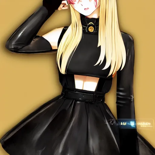 Image similar to realistic beautiful gorgeous natural cute Blackpink Lalisa Manoban blonde hair cute fur blonde cat ears wearing headphones wearing black leather choker in maid dress outfit golden eyes artwork drawn full HD 4K highest quality in artstyle by professional artists WLOP, Taejune Kim, Guweiz, ArtGerm on Artstation Pixiv