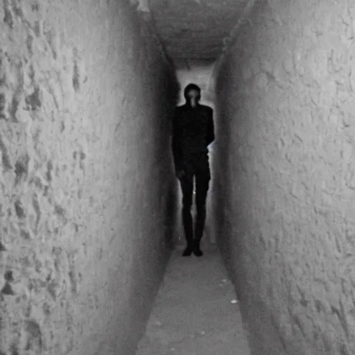Prompt: creepy, incredibly tall, skinny and pale creature lurking in the catacombs captured on film camera