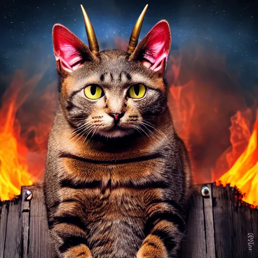 Image similar to evil cat with horns on its head sitting on a burning throne, the lord of hell, vast expanse of hell background, cat satan,