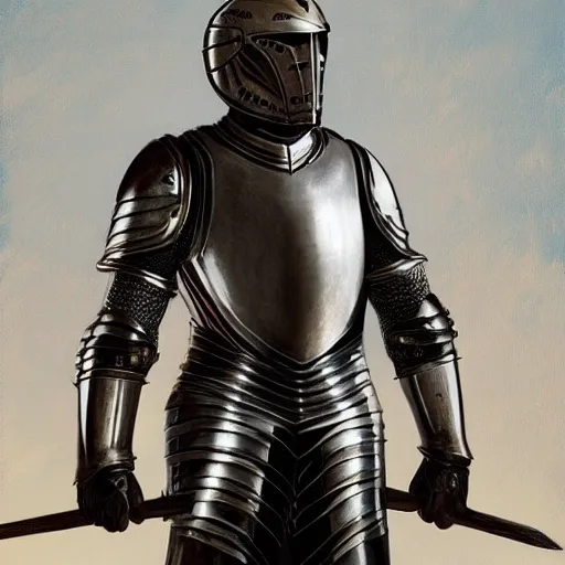 Prompt: MCU portrait of a proud knight wearing plate armor and an armet helm, by Charles Sillem Lidderdale, 4k, brilliant, painterly, realism