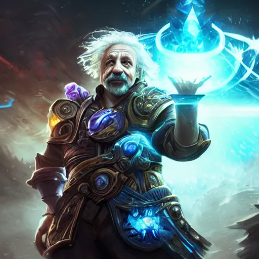 Image similar to portrait of albert einstein as a spellcaster, league of legends amazing splashscreen artwork, gears of war, splash art, natural light, elegant, photorealistic facial features, intricate, fantasy, detailed face, atmospheric lighting, anamorphic lens flare, cinematic lighting, league of legends splash art, hd wallpaper, ultra high details by greg rutkowski