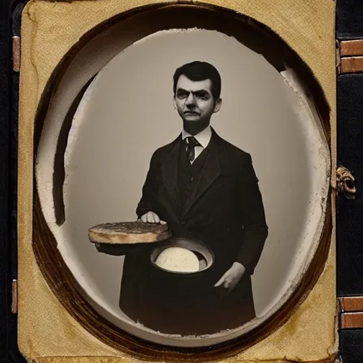 Image similar to ambrotype of mr bean eating a large wheel of cheese,